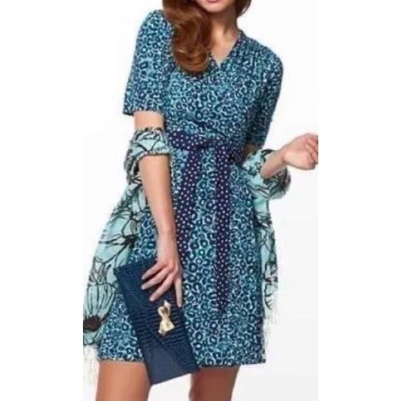 Lilly Pulitzer Womens size XS Blue Adalie Leopard Print Wrap Dress Short Sleeve - Picture 1 of 9
